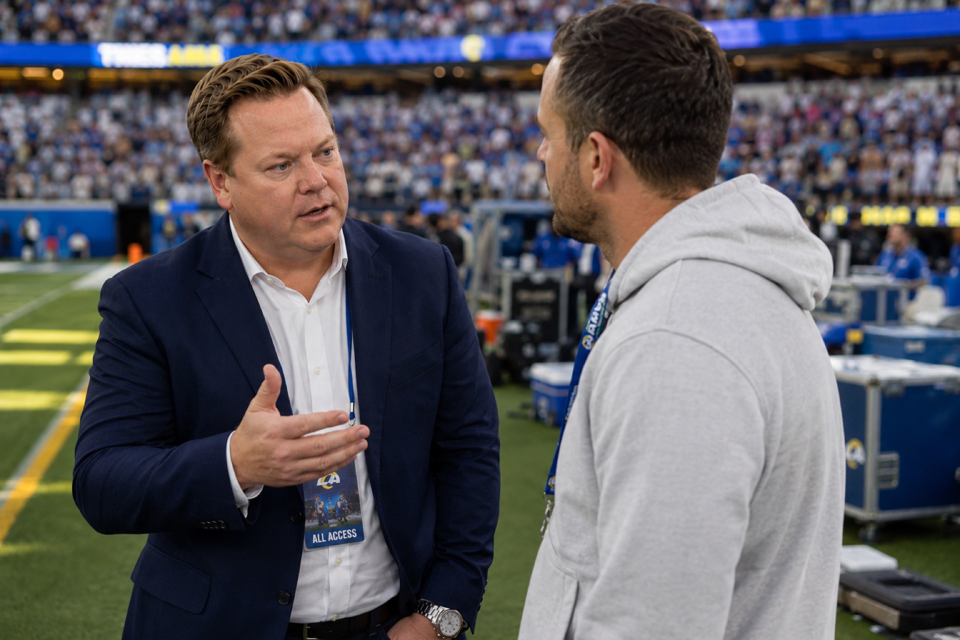 Brandon Leopoldus in conversation with a professional athlete